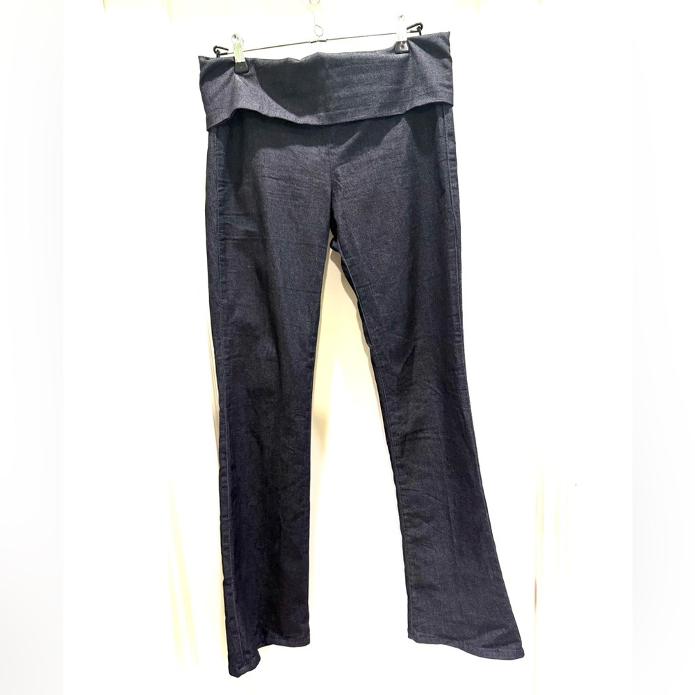 Dark denim fold over waist flared jeans